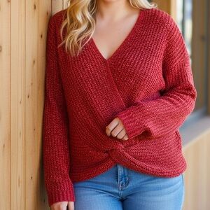 Reversible loose knit cozy chunky relaxed fit knotted barbie pink V-Neck Sweater